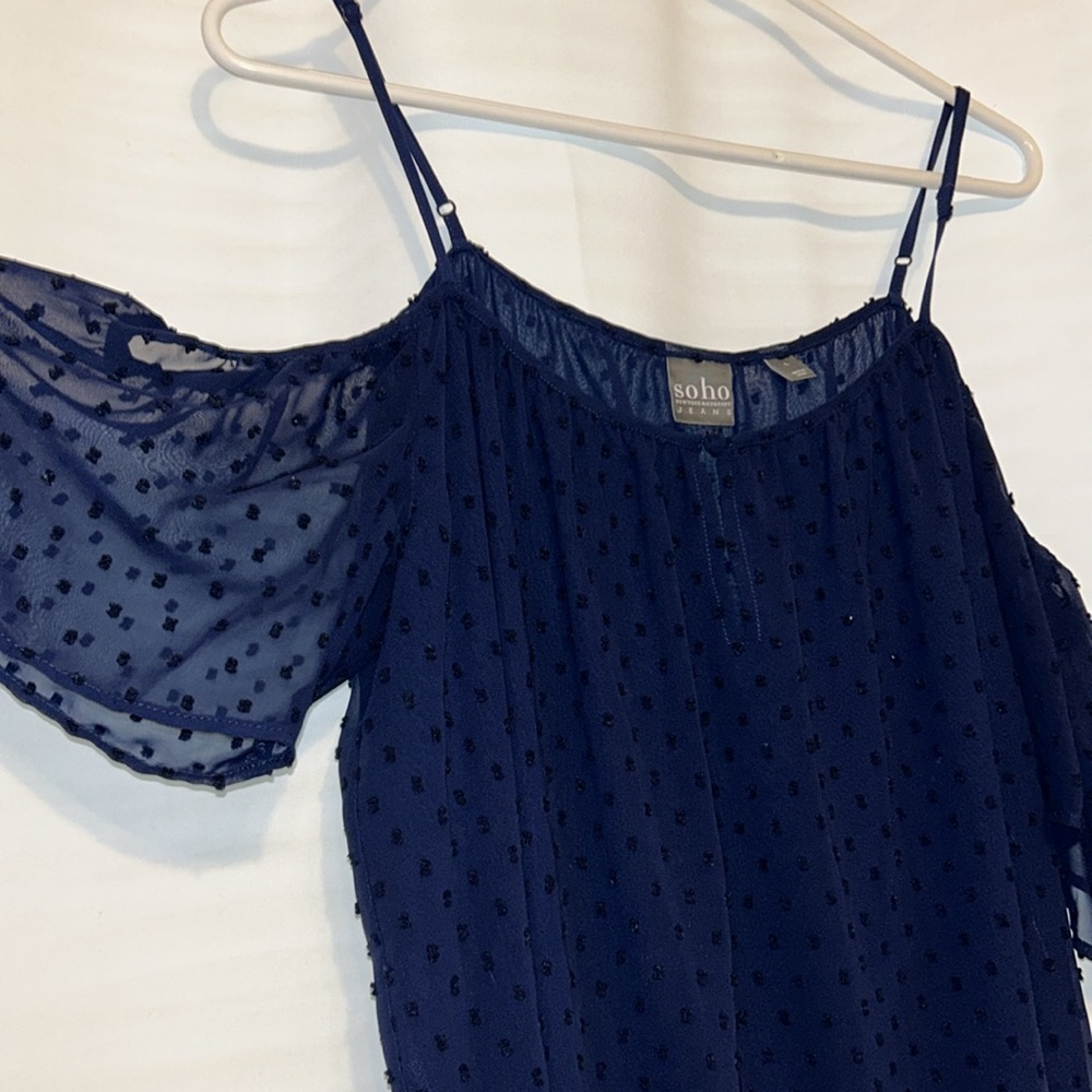 {soho - New York & Company Jeans} Navy Blue Polka Dot Cold Shoulder Top